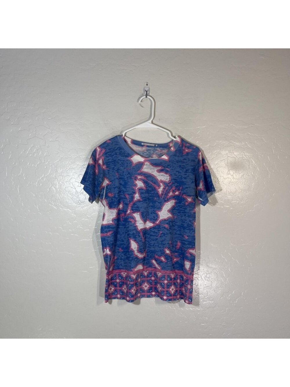 Before+Again Shirt Womens Medium Blue Floral Crew Neck Sheer Short Sleeve Top